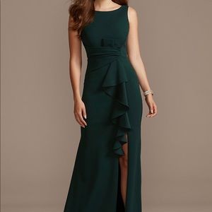 Pleated Waist Cascading Ruffle Dress with Slit in Pine